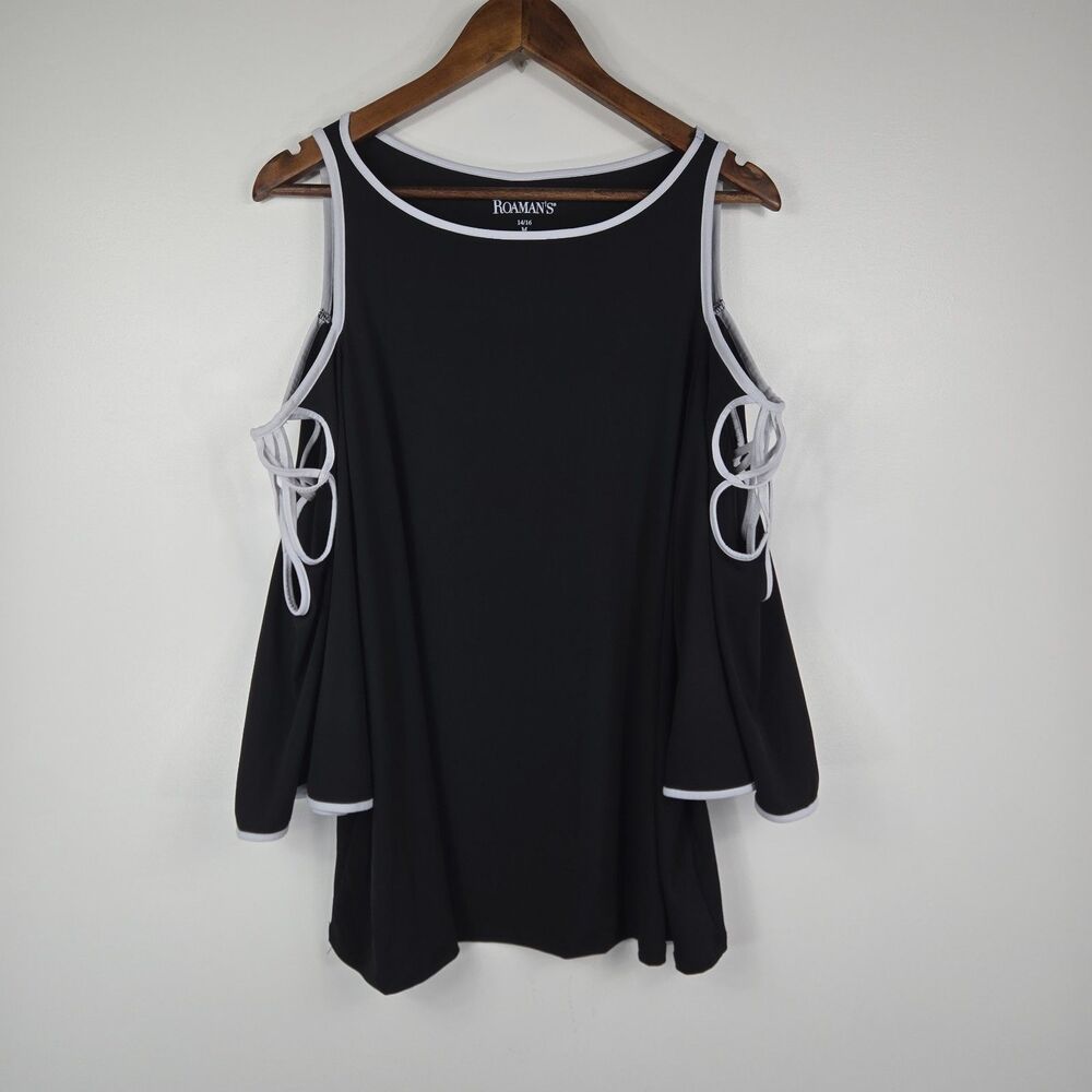 Roaman's Women's Size 14/16 Black Cold Shoulder Top‎ White Trim